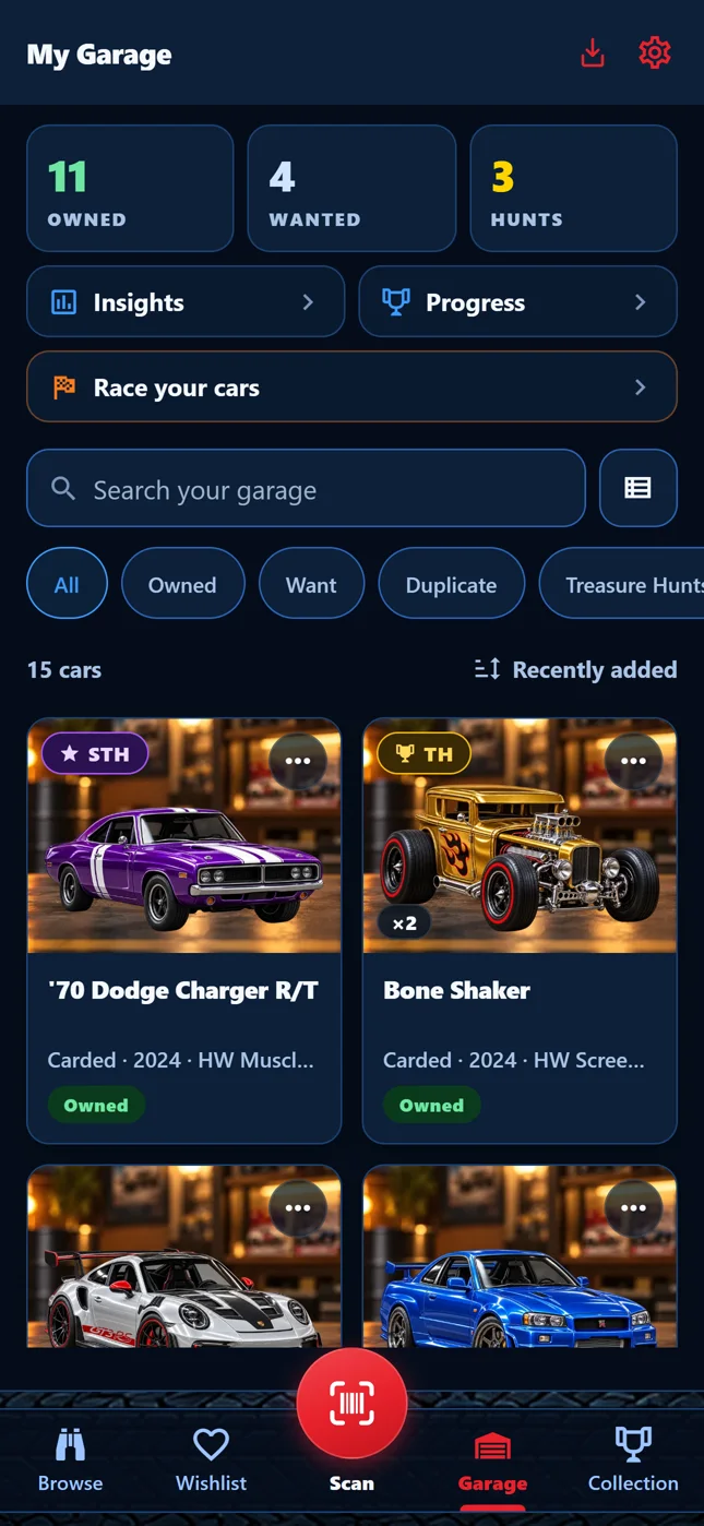 My Garage screen showing 11 owned, 4 wanted and 3 hunts